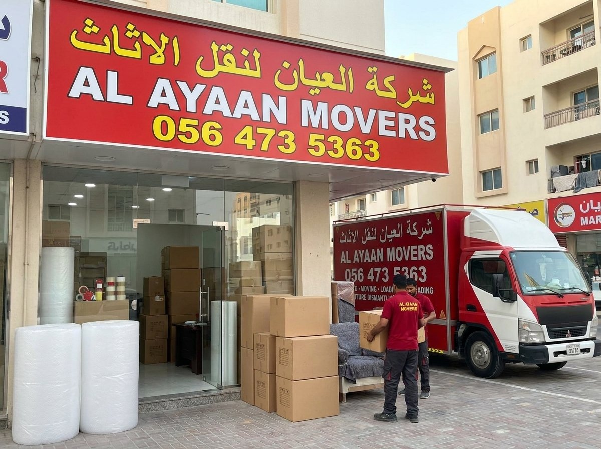 Professional furniture movers and packers loading a truck in Dubai, UAE
